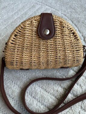 White House Black Market Woven Paper Straw Half Moon Crossbody Bag Brown